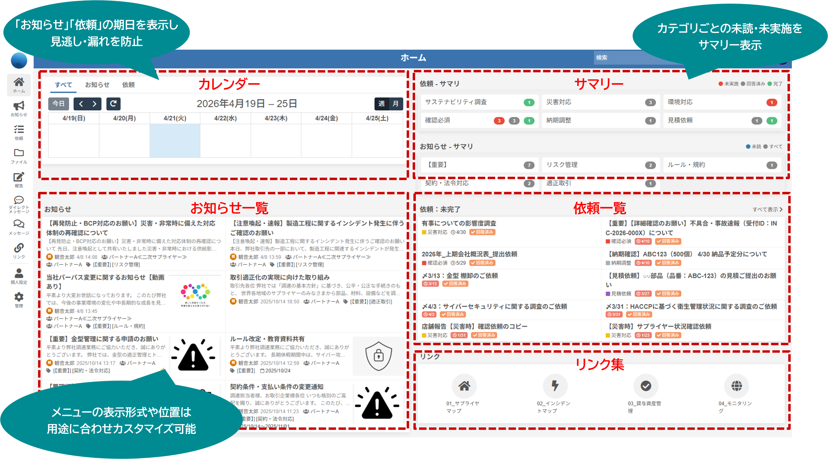 カレンダー（「お知らせ」「依頼」の期日を表示し見逃し・漏れを防止）／サマリー（カテゴリごとの未読・未実施をサマリー表示）／お知らせ一覧（メニューの表示形式や位置は用途に合わせカスタマイズ可能）／依頼一覧／リンク集