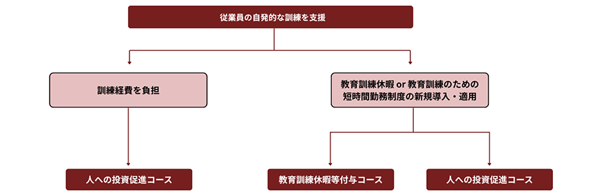 従業員の自発的な訓練を支援→訓練経費を負担→人への投資促進コース 従業員の自発的な訓練を支援→教育訓練休暇or教育訓練のための短時間勤務制度の新規導入・適用→教育訓練休暇等付与コース／人への投資促進コース
