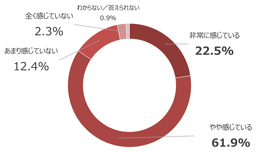 非常に感じている：22.5%、やや感じている：61.9%、あまり感じていない：12.4%、全く感じていない：2.3%、わからない／答えられない：0.9%