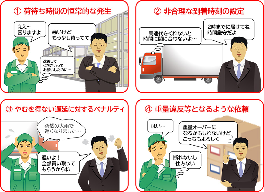 ①荷待ち時間の恒常的な発生「悪いけどもう少し待ってて」「ええ~困りますよ」(改善してくださいってお願いしたのに...)②非合理な到着時刻の設定「2時までに届けてね時間厳守だよ」(高速代をくれないと時間に間に合わないよ...)③やむを得ない遅延に対するペナルティ「突然の雨で遅くなりました...」「遅いよ!全部買い取ってもらうからね」④重量違反等となるような依頼「重量オーバーになるかもしれないけどこっちもよろしく」「はい...」(断れないし仕方ない)