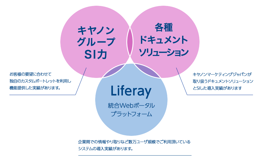 キヤノングループSI力:お客様の要望に合わせて独自のカスタムポートレットを利用し機能提供した実績があります/各種ドキュメントソリューション:キヤノンマーケティングジャパンが取り扱うドキュメントソリューションとSIした導入実績があります/Liferay 統合Webポータルプラットフォーム:企業間での情報やり取りなど数万ユーザ規模でご利用頂いているシステムの導入実績があります。