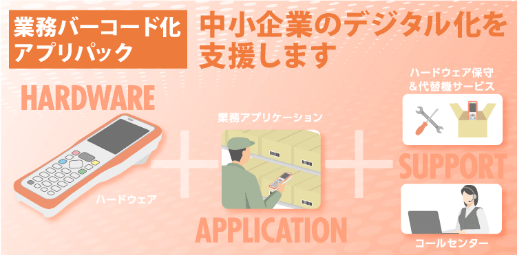 「業務バーコード化アプリパック」中小企業のデジタル化を支援します。ハードウェア＋業務アプリケーション＋ハードウェア保守＆代替機サービス、コールセンター