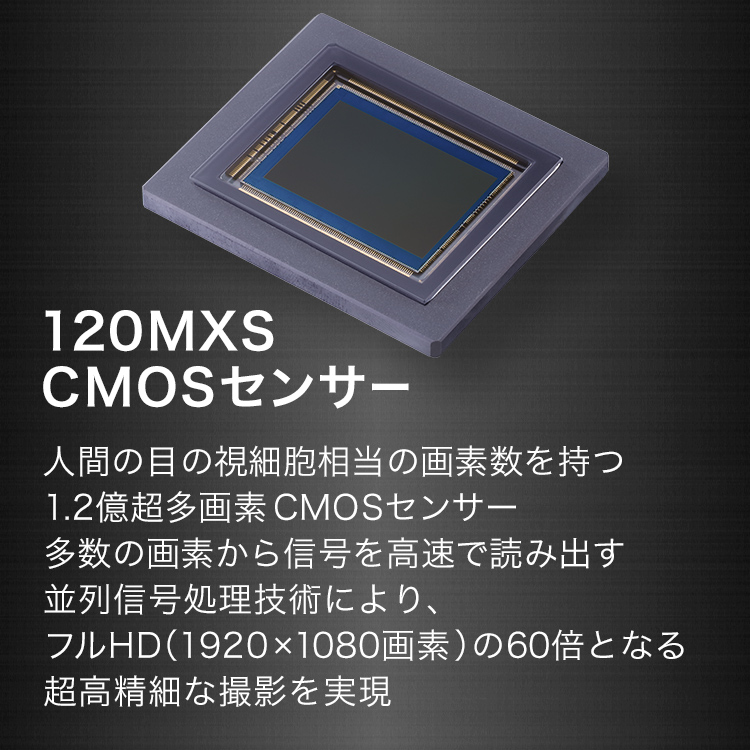 120MXS CMOSセンサー 人間の目の視細胞相当の画素数を持つ1.2億超多画素CMOSセンサー 多数の画素から信号を高速で読みだす並列信号処理技術により、フルHD（1920×の60倍となる超高精細な撮影を実現