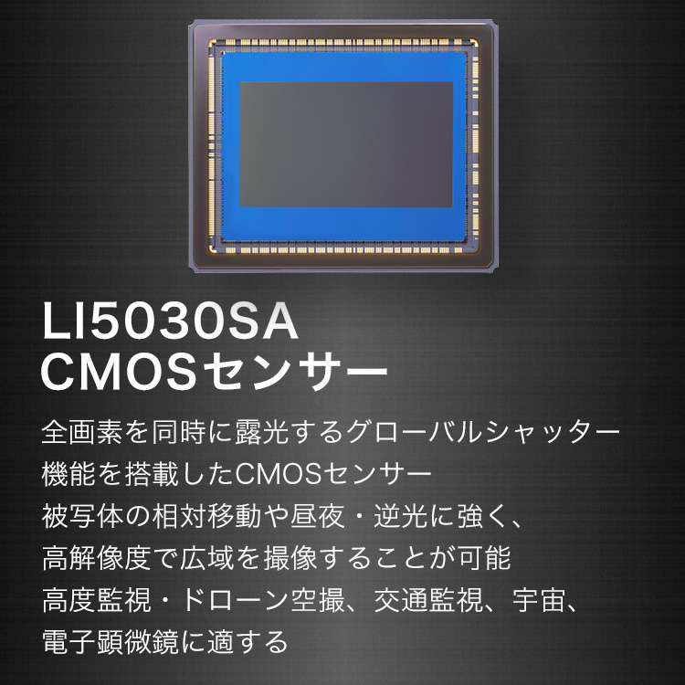 LI5030SA CMOSセンサー 全画素を同時に露光するグローバルシャッター機能を搭載したCMOSセンサー 被写体の相対移動や昼夜・逆光に強く、高解像度で広域を撮像することが可能 高度監視・ドローン空撮、交通監視、宇宙、電子顕微鏡に適する