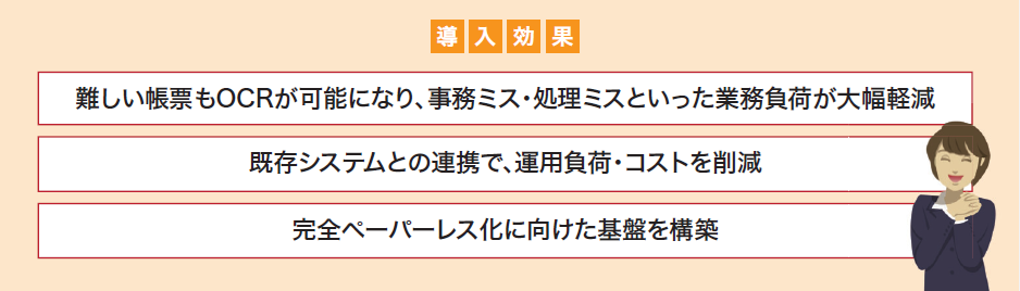 導入効果:難しい帳票もOCRが可能になり、事務ミス・処理ミスといった業務負担が大幅軽減 既存システムとの連携で、運用負担・コストを削減 完全ペーパーレス化に向けた基盤を構築