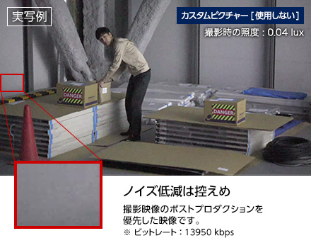 実写例 カスタムピクチャー［使用しない］ 撮影時の照度：0.04lux 【ノイズ低減は控えめ】撮影映像のポストプロダクションを優先した映像です。ビットレート：13950kbps