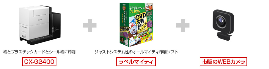 紙とプラスチックカードとシール紙に印刷 CX-G2400+ジャストシステム性のオールマイティ印刷ソフト ラベルマイティ+市販のWEBカメラ