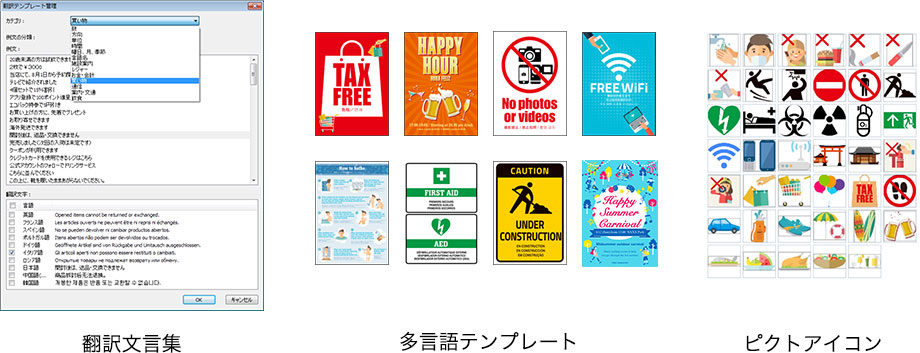 翻訳文言集、多言語テンプレート、ピクトアイコン