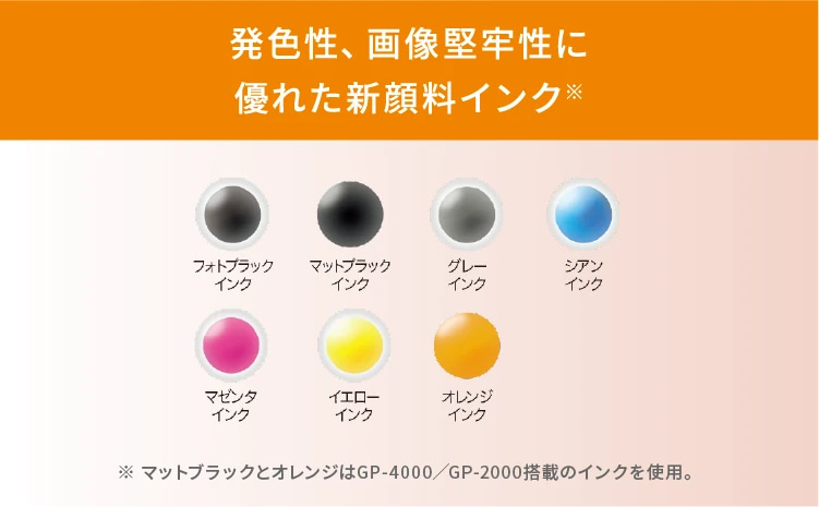 発色性、画像堅牢性に優れた新顔料インク ※マットブラックとオレンジはGP-4000/GP-2000搭載のインクを使用。 フォトブラックインク、マットブラックインク、グレーインク、シアンインク、マゼンタインク、イエローインク、オレンジインク