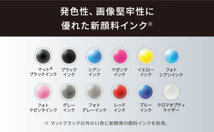 発色性、画像堅牢性に優れた新顔料インク※ マットブラックインク※、ブラックインク、シアンインク、マゼンタインク、イエローインク、フォトシアンインク、フォトマゼンタインク、グレーインク、フォトグレーインク、レッドインク、ブルーインク、クロマオプティマイザー(※マットブラック以外の11色に新開発の顔料インクを採用。)