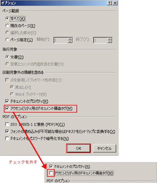 ５.　アクセシビリティ用のドキュメント構造タグ（M）のチェックを外します