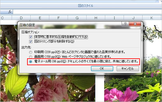 4. 「圧縮の設定」ウィンドウが開きます。「圧縮オプション」は2つの項目にチェックが入った状態のまま、「出力先」の項目で「電子メール用(96ppi):ドキュメントのサイズを最小限に抑え、共有に適しています。」にチェックし、「OK」ボタンをクリックします。