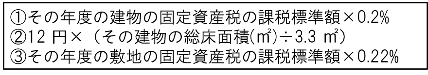 ①その年度の建物の固定資産税の課税標準額×0.2% ②12円×(その建物の総床面積(㎡)÷3.3㎡) ③その年度の敷地の固定資産税の課税標準額×0.22%