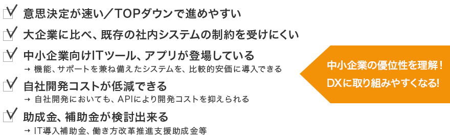 意思決定が速い/TOPダウンで進めやすい。大企業に比べ、既存の社内システムの制約を受けにくい。中小企業向けITツール、アプリが登場している(機能、サポートを兼ね備えたシステムを、比較的安価に導入できる)。自社開発コストが低減できる(自社開発においても、APIにより開発コストを抑えられる)。助成金、補助金が検討出来る(IT導入補助金、働き方改革推進支援助成金等)。中小企業の優位性を理解!DXに取り組みやすくなる!