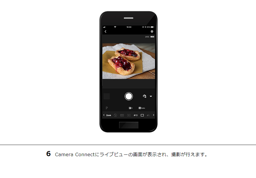 6 Camera Connectにライブビューの画面が表示され、撮影が行えます。