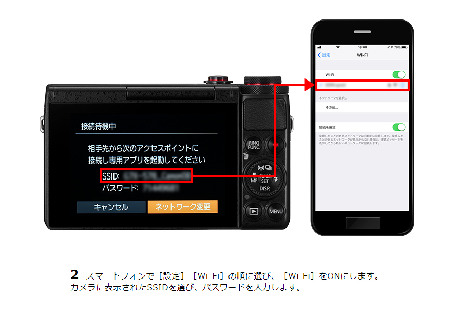 2 スマートフォンで［設定］［Wi-Fi］の順に選び、［Wi-Fi］をONにします。カメラに表示されたSSIDを選び、パスワードを入力します。