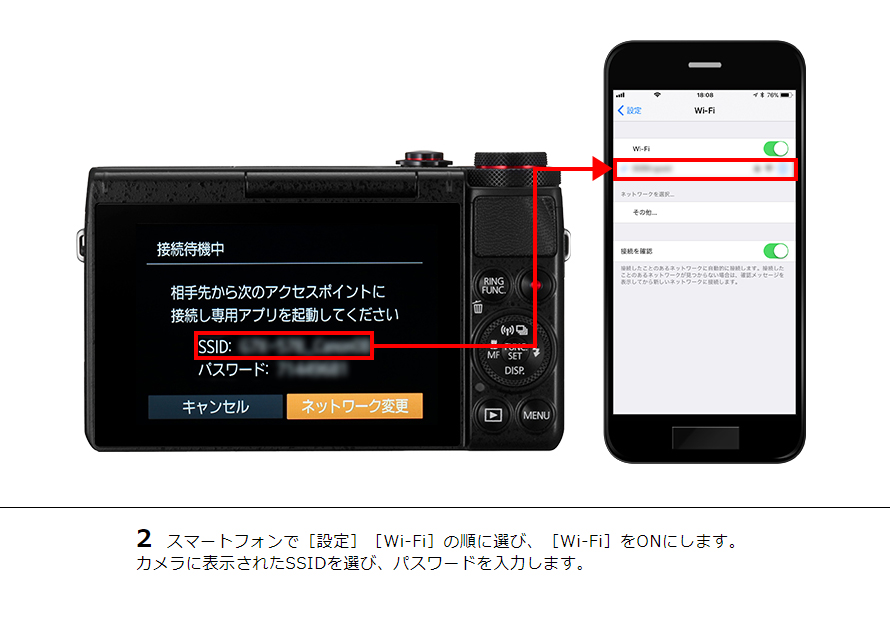 2 スマートフォンで［設定］［Wi-Fi］の順に選び、［Wi-Fi］をONにします。カメラに表示されたSSIDを選び、パスワードを入力します。