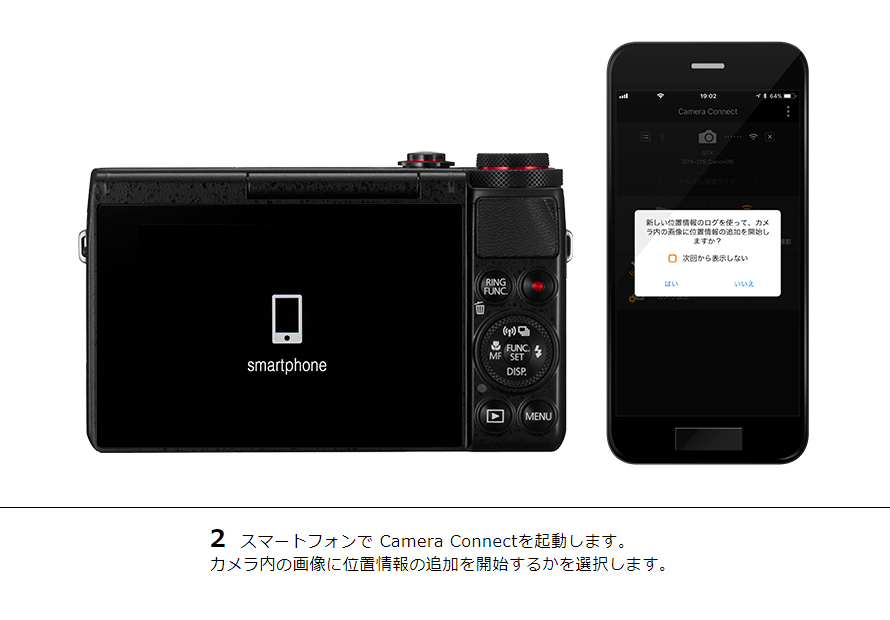 2 スマートフォンで Camera Connectを起動します。カメラ内の画像に位置情報の追加を開始するかを選択します。