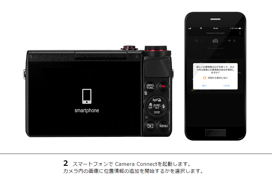 2 スマートフォンで Camera Connectを起動します。カメラ内の画像に位置情報の追加を開始するかを選択します。