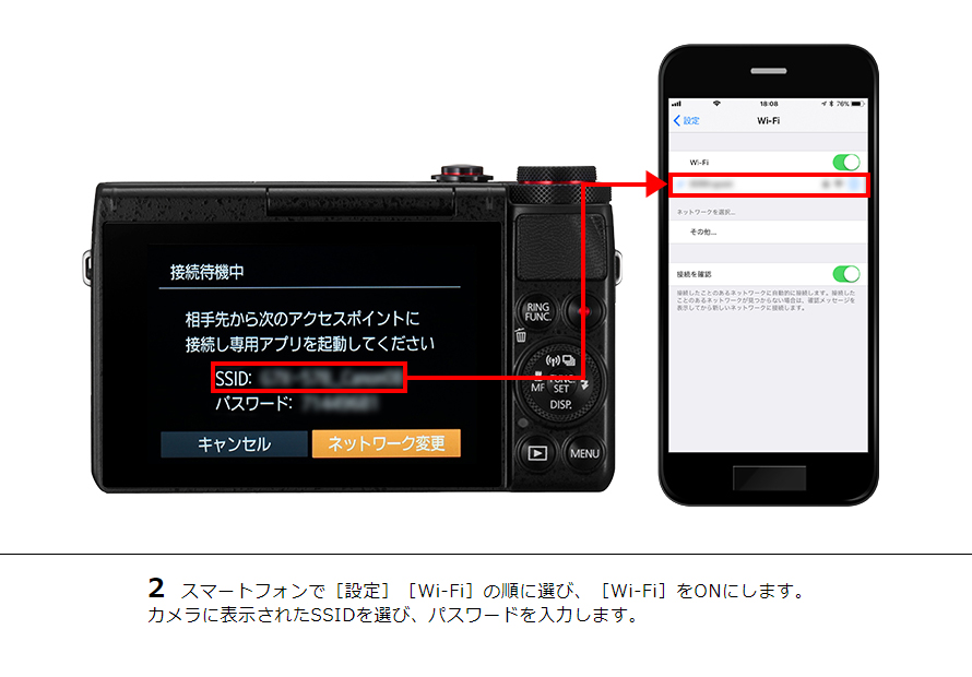2 スマートフォンで［設定］［Wi-Fi］の順に選び、［Wi-Fi］をONにします。カメラに表示されたSSIDを選び、パスワードを入力します。
