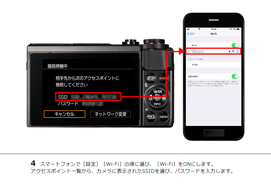 4 スマートフォンで［設定］［Wi-Fi］の順に選び、［Wi-Fi］をONにします。アクセスポイント一覧から、カメラに表示されたSSIDを選び、パスワードを入力します。