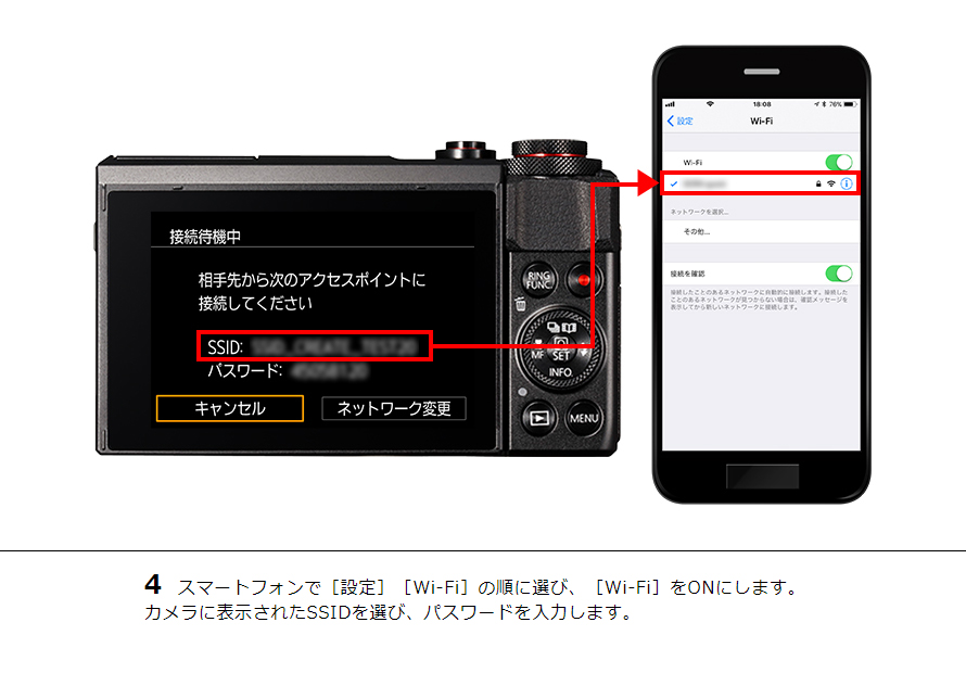 4 スマートフォンで［設定］［Wi-Fi］の順に選び、［Wi-Fi］をONにします。カメラに表示されたSSIDを選び、パスワードを入力します。